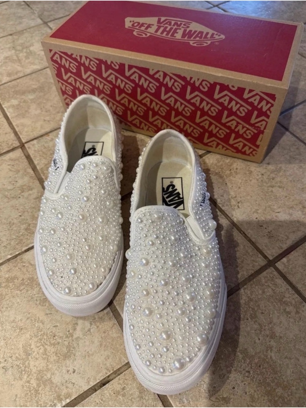 Vans Women's White Slip-On Mules with Pearl Embellishments